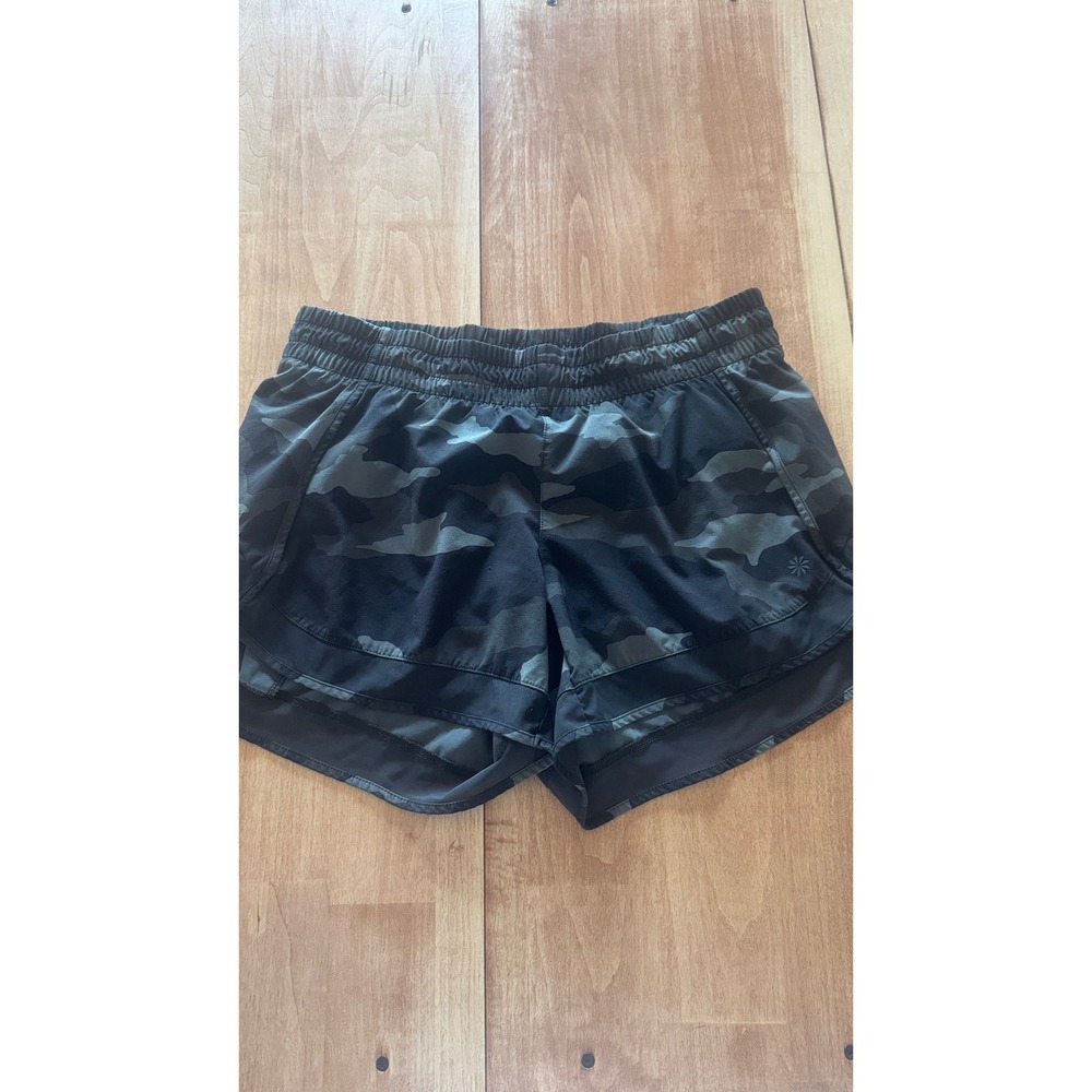 Athleta Womens Camo Mesh Trim Running Shorts Size S Black Gray Green Activewear